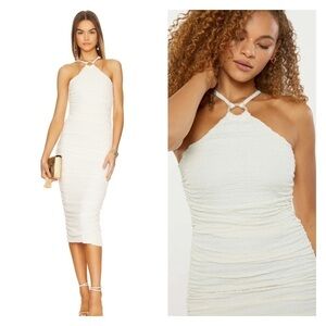NWT LIKELY Carmona Ivory White Halter Neck Ruched Bodycon Midi Dress Size 4